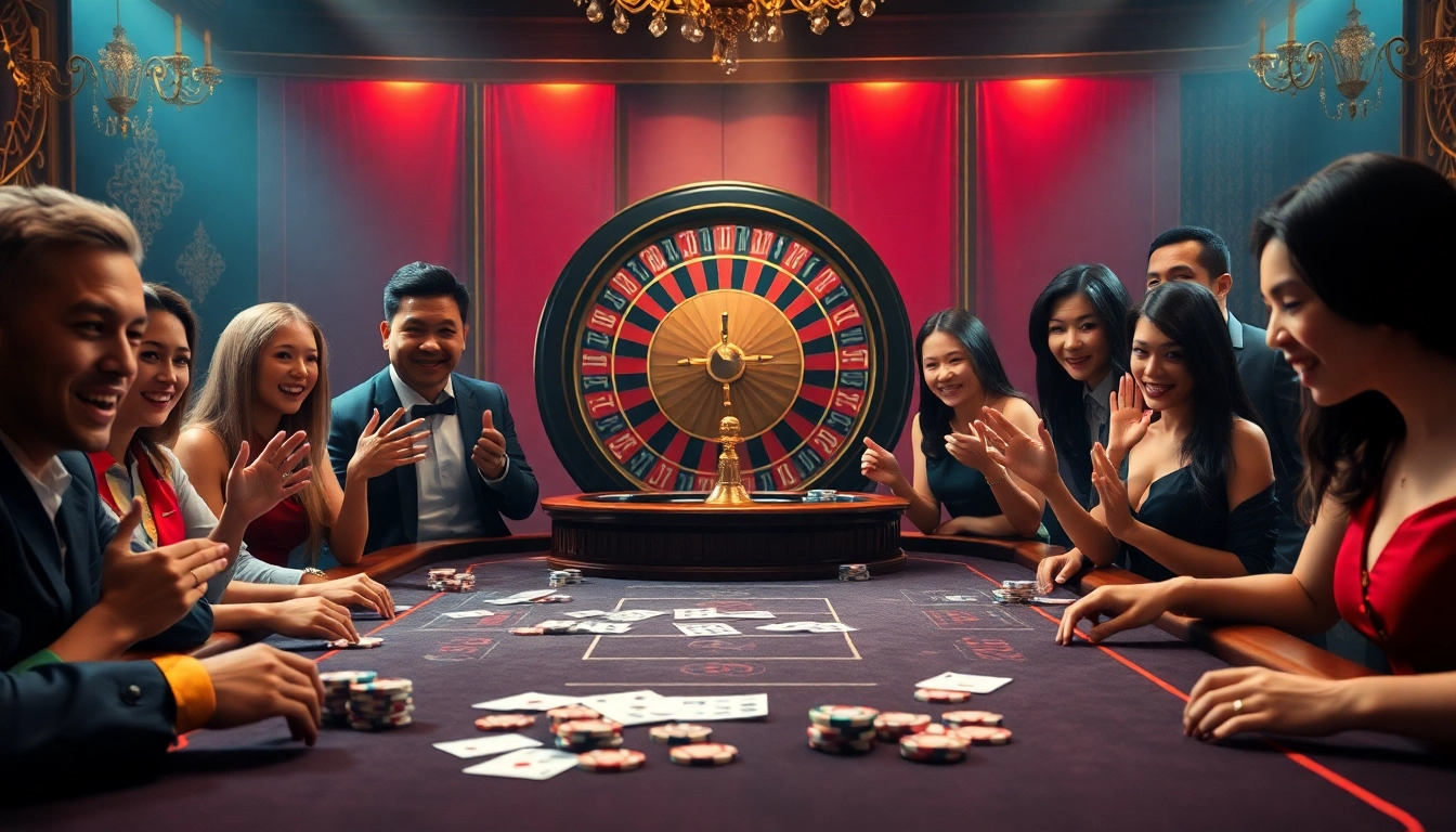 MM88 offers thrilling casino gameplay with colorful chips and an exciting roulette wheel in a luxurious setting.