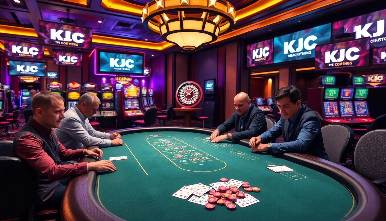 KJC branded players intensely engaged in a high-stakes poker game amidst vibrant casino visuals.