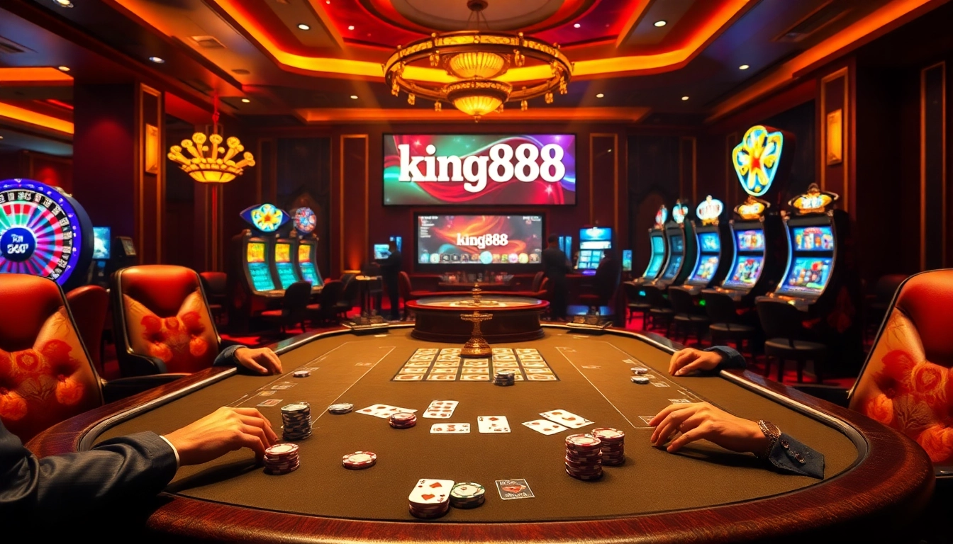 Players engaging in high-stakes poker at king888 casino, featuring vibrant casino elements.