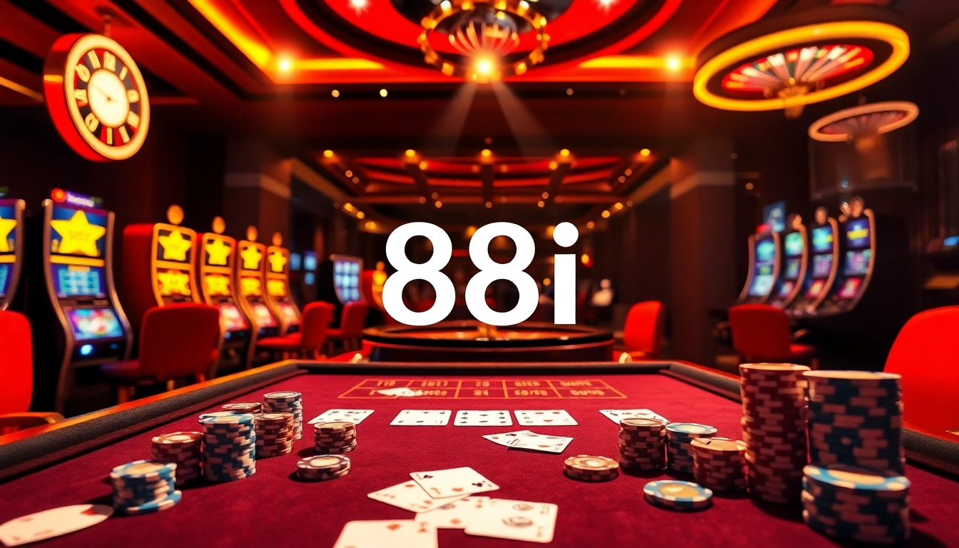 Experience the exciting online casino atmosphere at 88i with poker chips and vibrant slot machines.