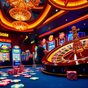 Gamblers enjoying an exciting experience at GG88 casino with vibrant slot machines and roulette.