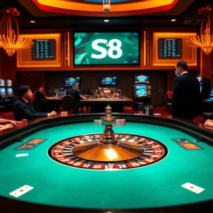 Exciting casino scene showcasing players at a roulette table, highlighting S8's premium gambling experience.