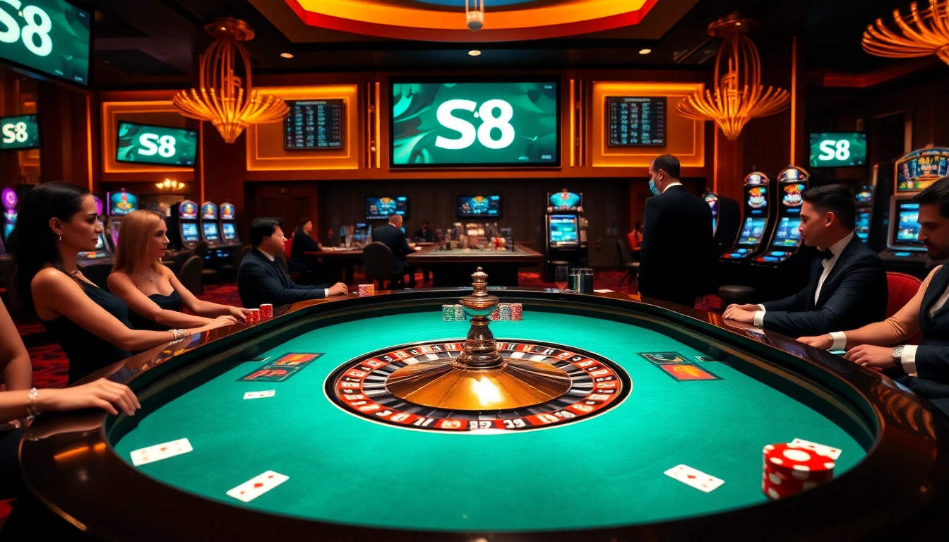 Exciting casino scene showcasing players at a roulette table, highlighting S8's premium gambling experience.
