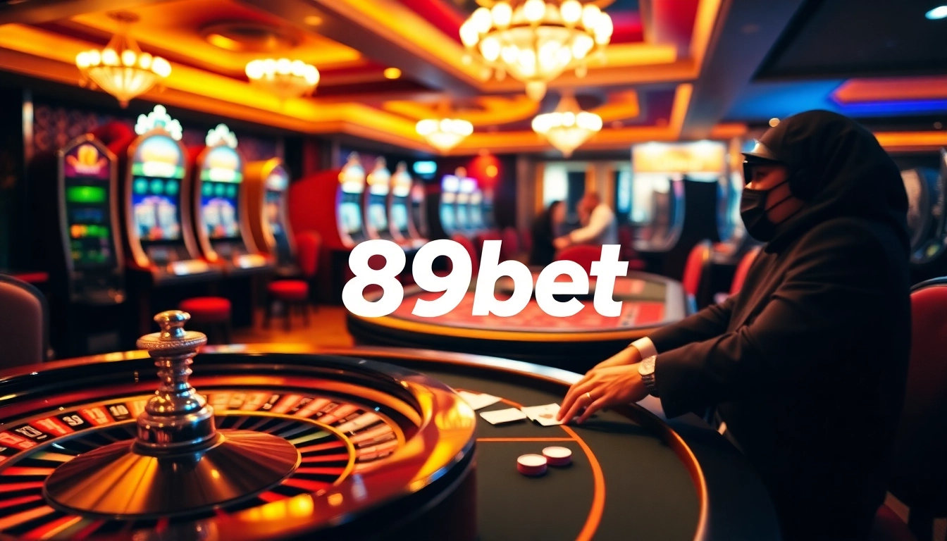 Exciting casino scene at 89bet with players, roulette wheel, and glowing slots.