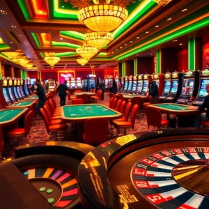 nk88 casino scene showcasing players at roulette and blackjack tables with vibrant gaming atmosphere.