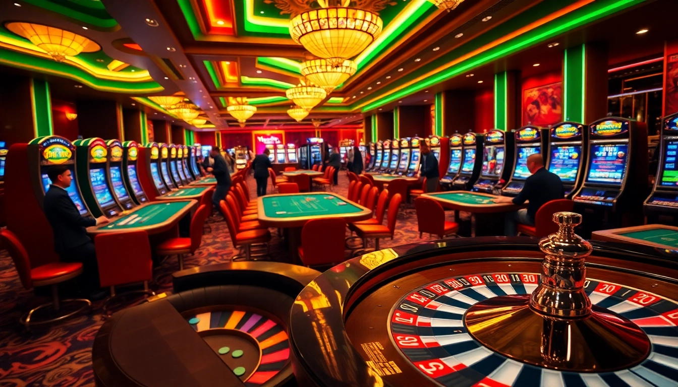 nk88 casino scene showcasing players at roulette and blackjack tables with vibrant gaming atmosphere.