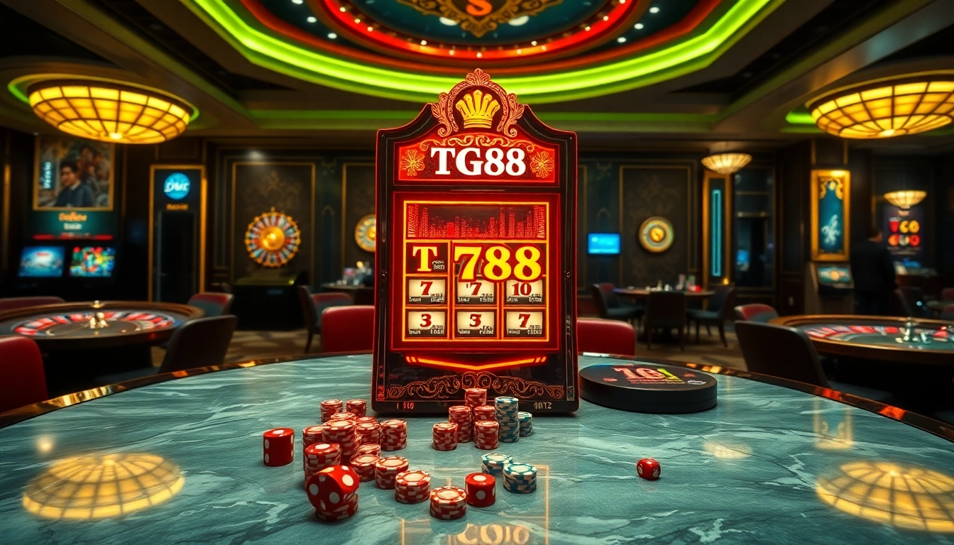 Play the exciting TG88-themed slot machine amid vibrant casino gameplay.