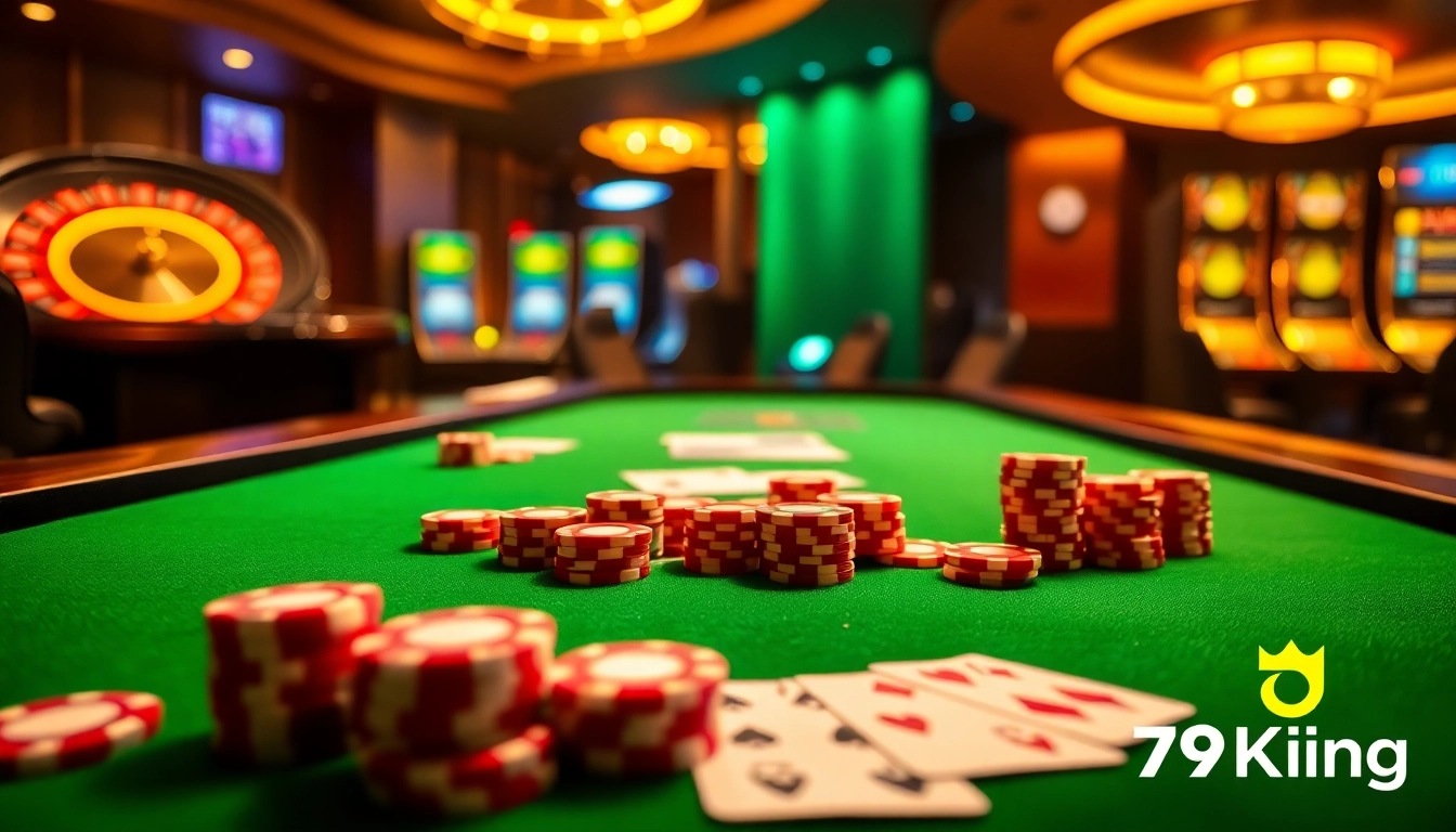Experience the thrill of 79King at a luxurious casino table with poker chips and cards.