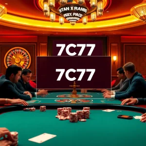 Players enjoy exciting poker at a luxurious casino table, showcasing 7C77 branding.
