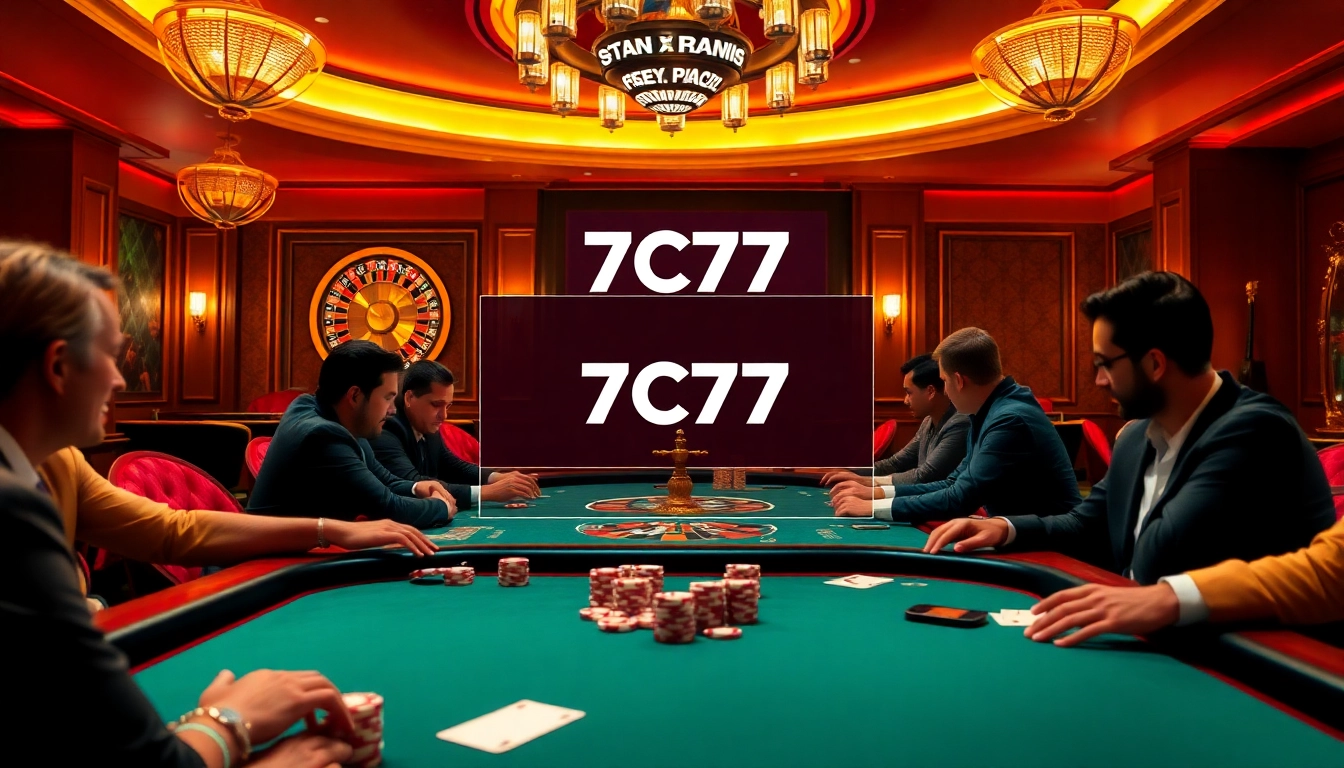 Players enjoy exciting poker at a luxurious casino table, showcasing 7C77 branding.