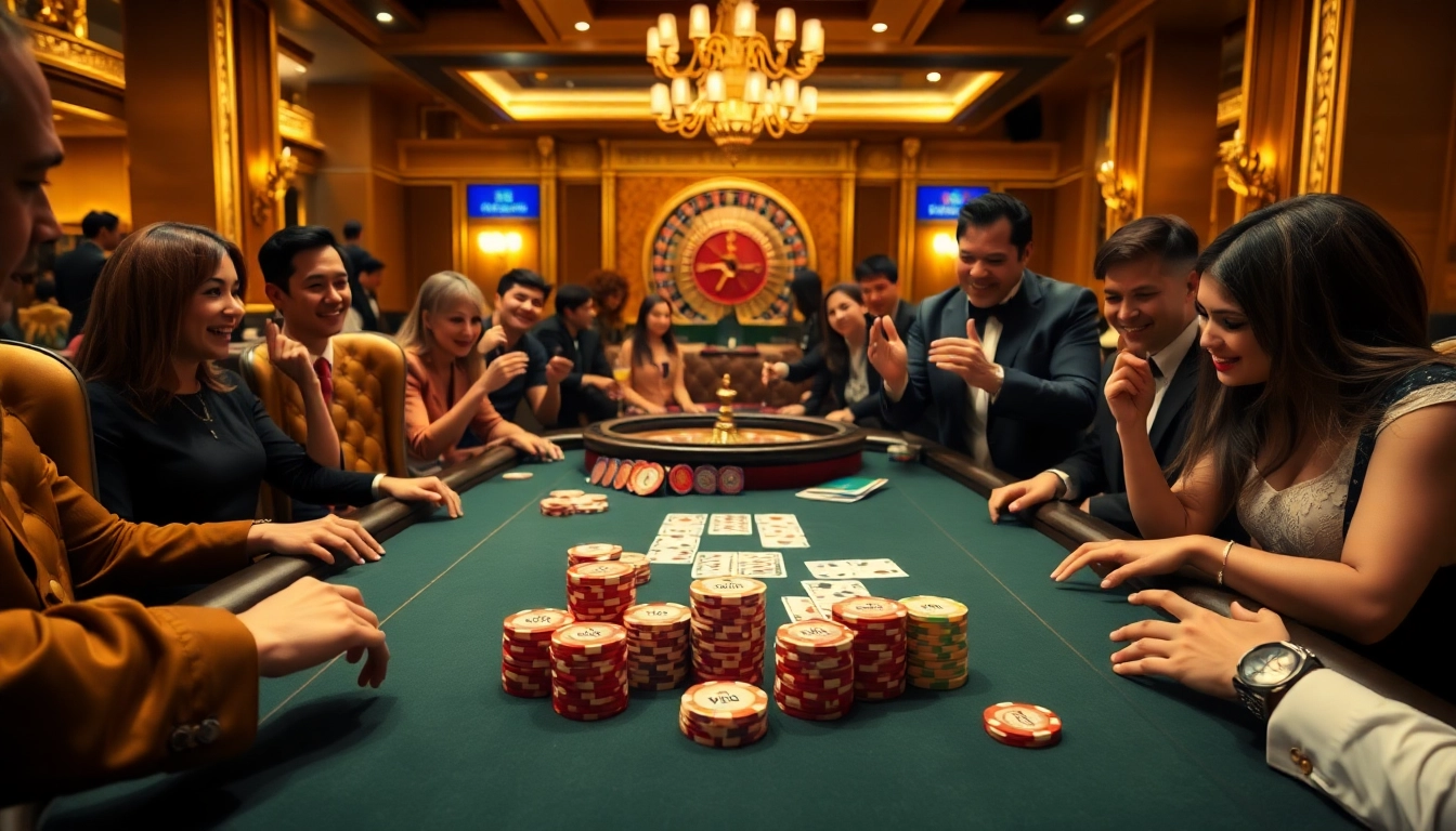 Players enjoying a thrilling game at king88 casino, showcasing colorful chips and cards on a luxurious table.