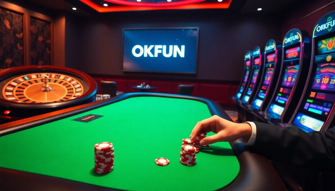 Exciting casino scene with players, chips, and OKFUN đăng ký interface reflecting luxury.