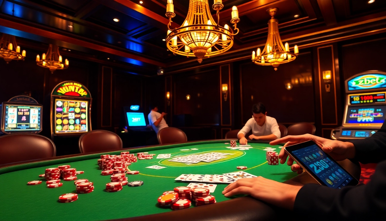 Zbet players engrossed in high-stakes poker action with vibrant chips and cards on a luxurious casino table.