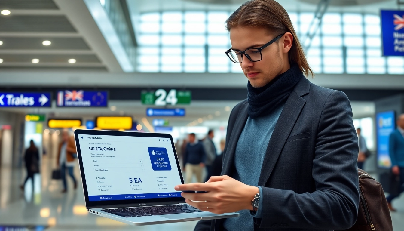 Efficient completion of uk eta online application on a laptop in a modern airport environment.