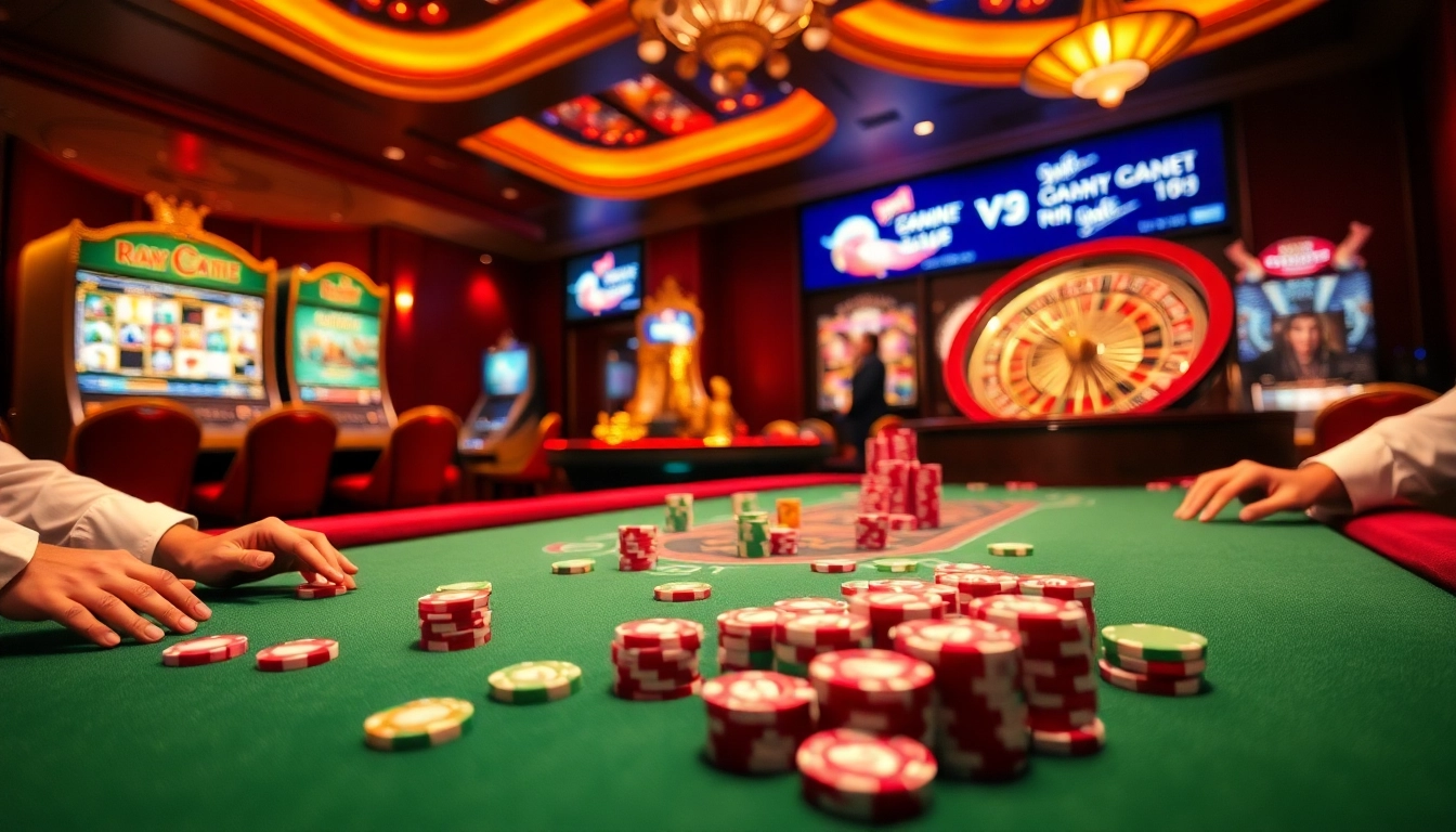 Players engaging at the poker table while enjoying the thrilling atmosphere of https://vj88.com/ casino games.