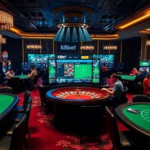 K8BET's luxurious casino gaming scene featuring poker tables, slot machines, and live betting.