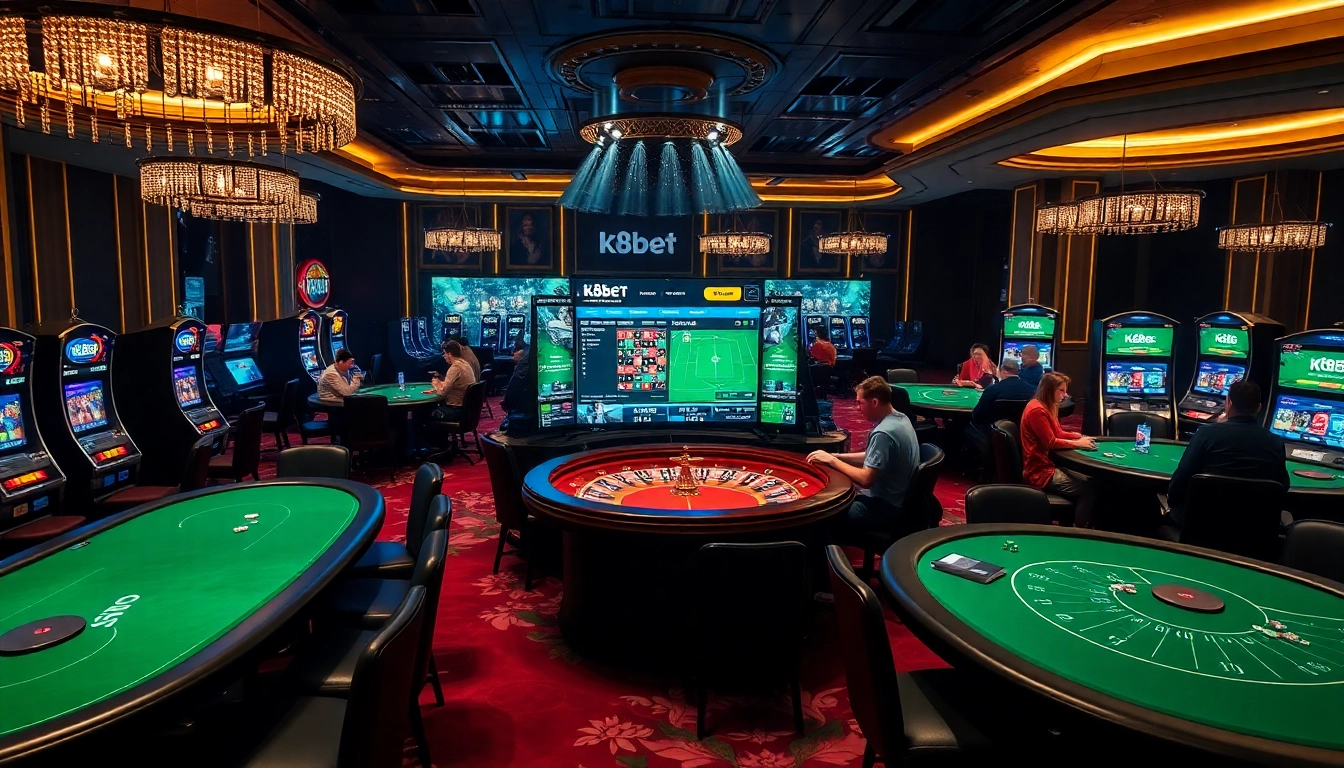 K8BET's luxurious casino gaming scene featuring poker tables, slot machines, and live betting.