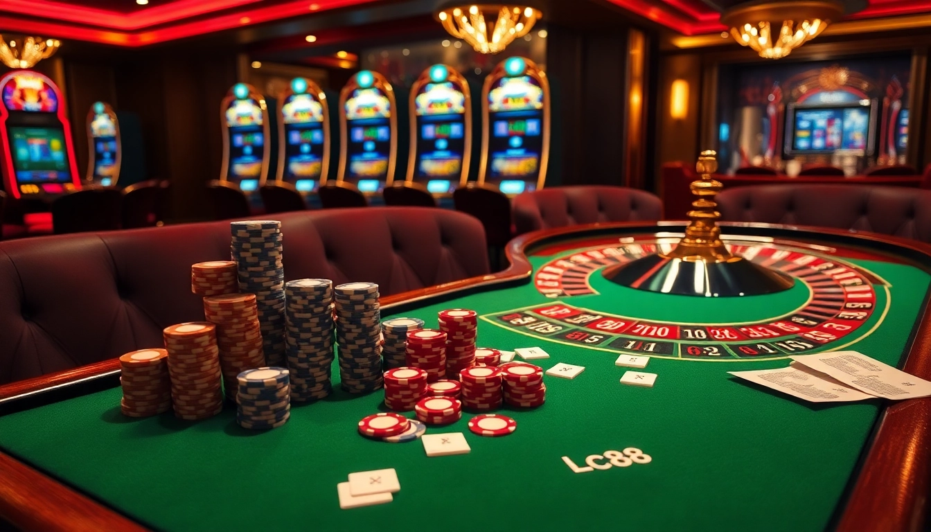 Experience luxury gambling at LC88 with vibrant casino tables and chips.