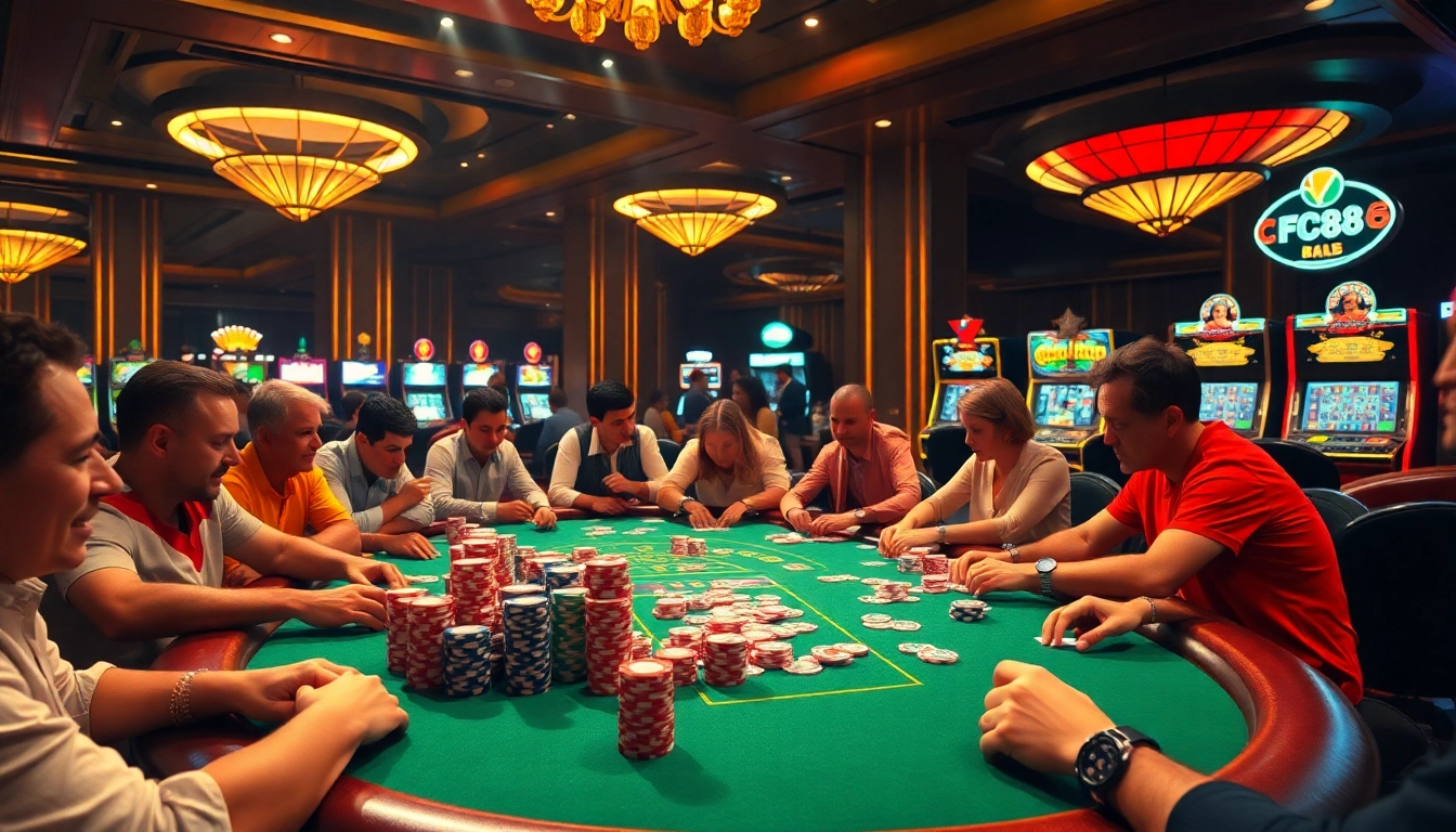 Experience thrilling poker action at https://fc88.football/ with vibrant chips and a roulette wheel.