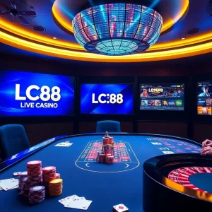 Engage with a thrilling casino scene featuring LC88 logo, stunning gaming visuals, and dynamic lighting.