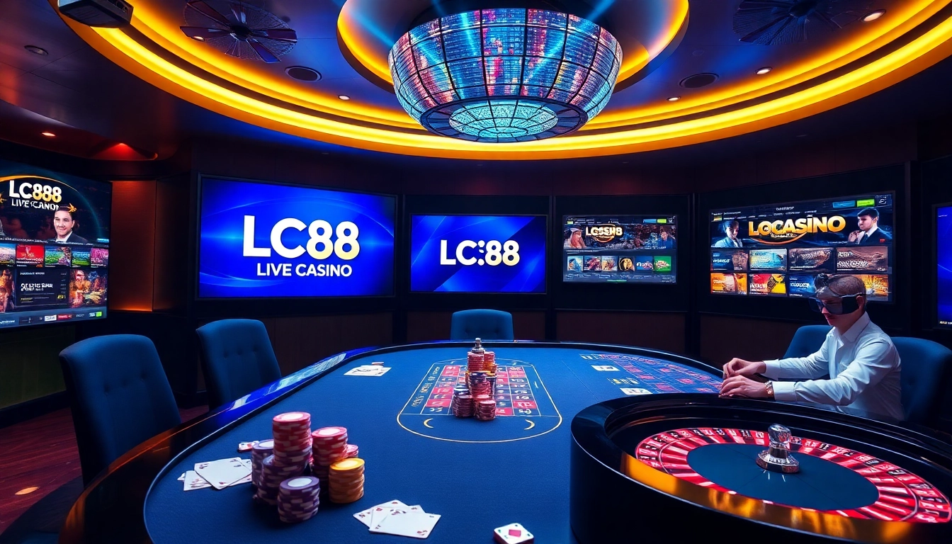 Engage with a thrilling casino scene featuring LC88 logo, stunning gaming visuals, and dynamic lighting.