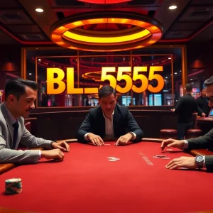 High-stakes poker game at BL555 casino with vibrant slot machines and an elegant atmosphere.