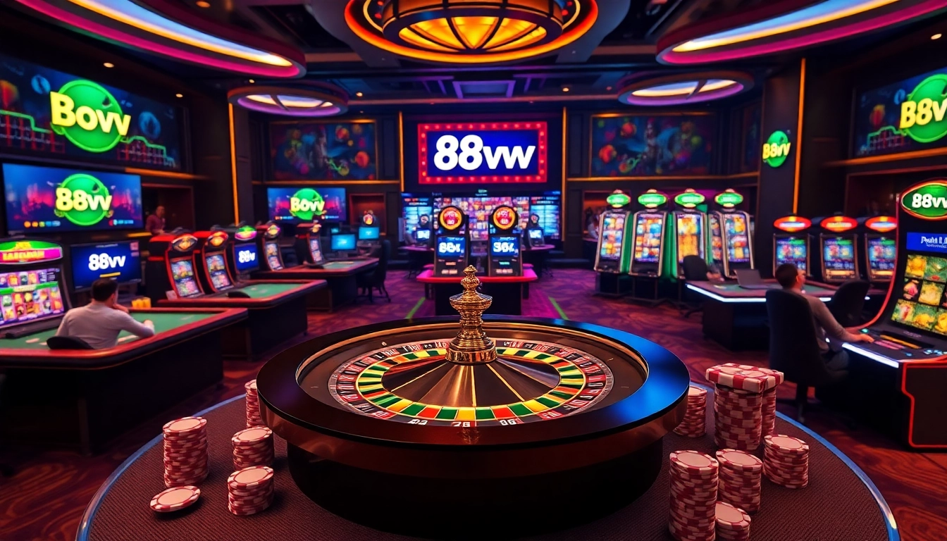 Players enjoying a dynamic gaming experience at 88vv online casino, featuring poker chips and roulette.