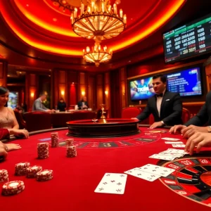 Exciting poker game at TG88 casino with vibrant chips, cards, and thrilling roulette action.