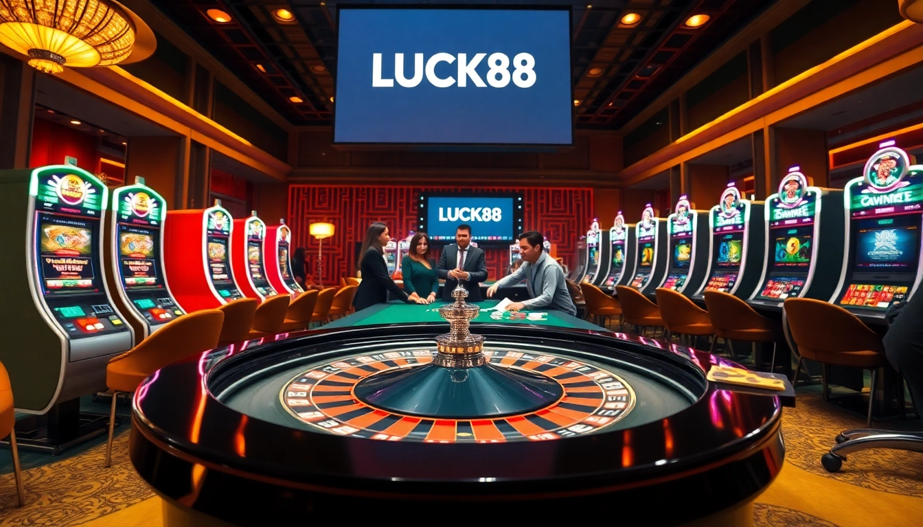 Hoạt động chơi game đầy hứng khởi tại casino LUCK8 với các máy slot sống động và bàn roulette.