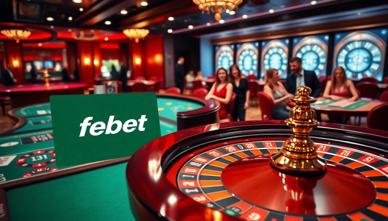 Experience top-tier gaming excitement at febet with vibrant casino visuals showcasing roulette and betting tables.