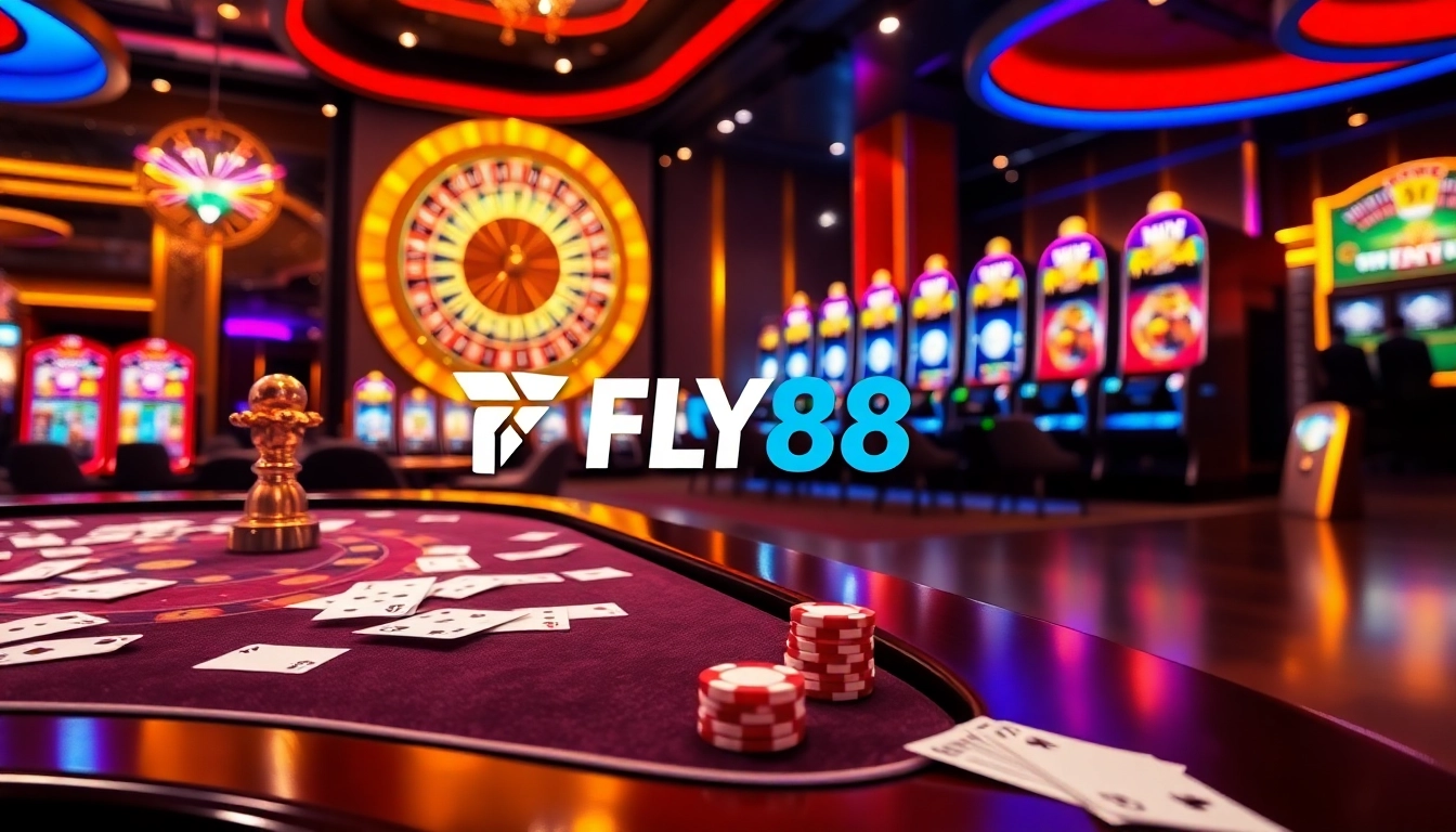 Experience the excitement of FLY88 as you play poker and roulette in a luxurious online casino setting.