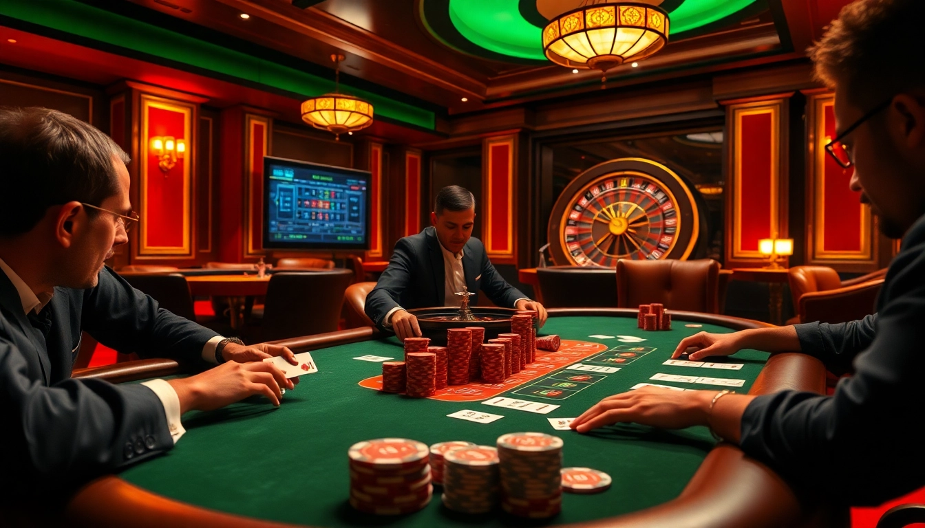 Exciting poker game scene at sc88 casino, showcasing chips and cards in a lavish setting.