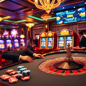 Experience the thrill of gambling at Nhà Cái LC88 with vibrant casino scenes, roulette tables, and excited players.