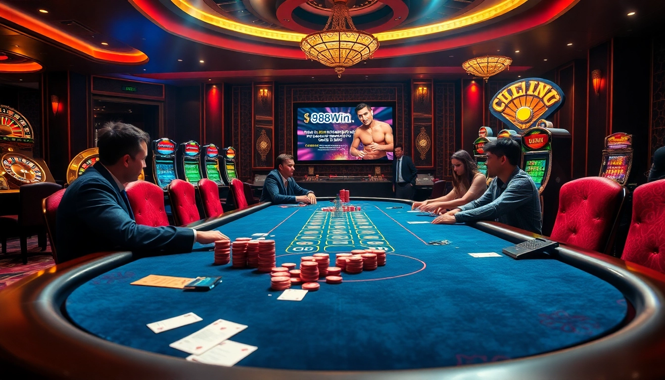 Players strategize and compete at a poker table, highlighting a dynamic casino vibe at https://98wincom.best/.