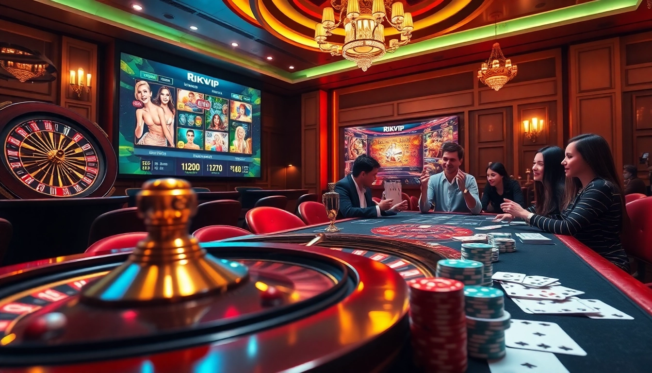 Engaging visitors in the exciting game rikvip at a luxurious casino table full of vibrant colors and elements.