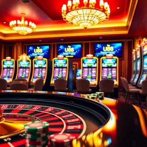 Exciting casino atmosphere with vibrant slot machines and uu88-themed gambling elements.