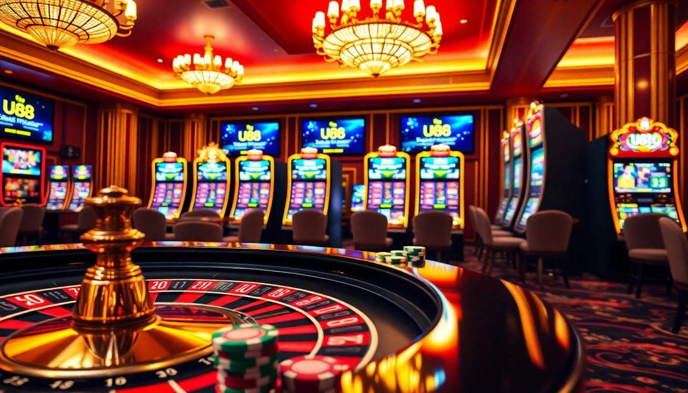 Exciting casino atmosphere with vibrant slot machines and uu88-themed gambling elements.