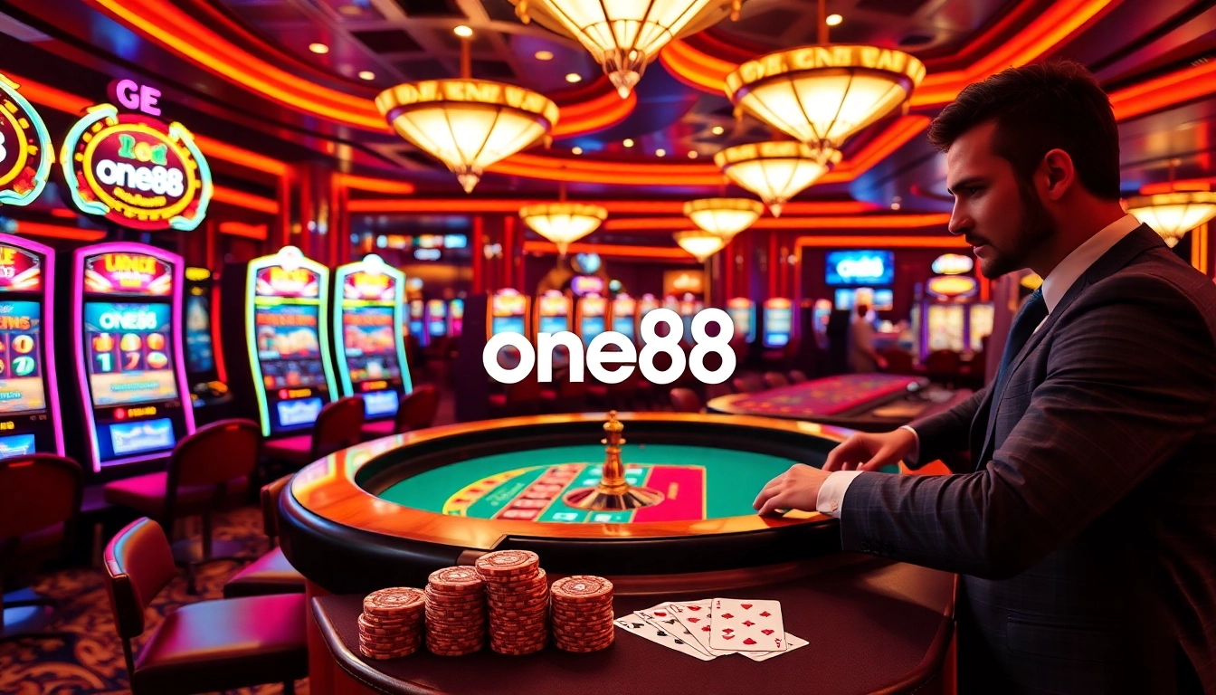 Experience thrilling gaming action at one88 with vibrant slot machines and casino tables.