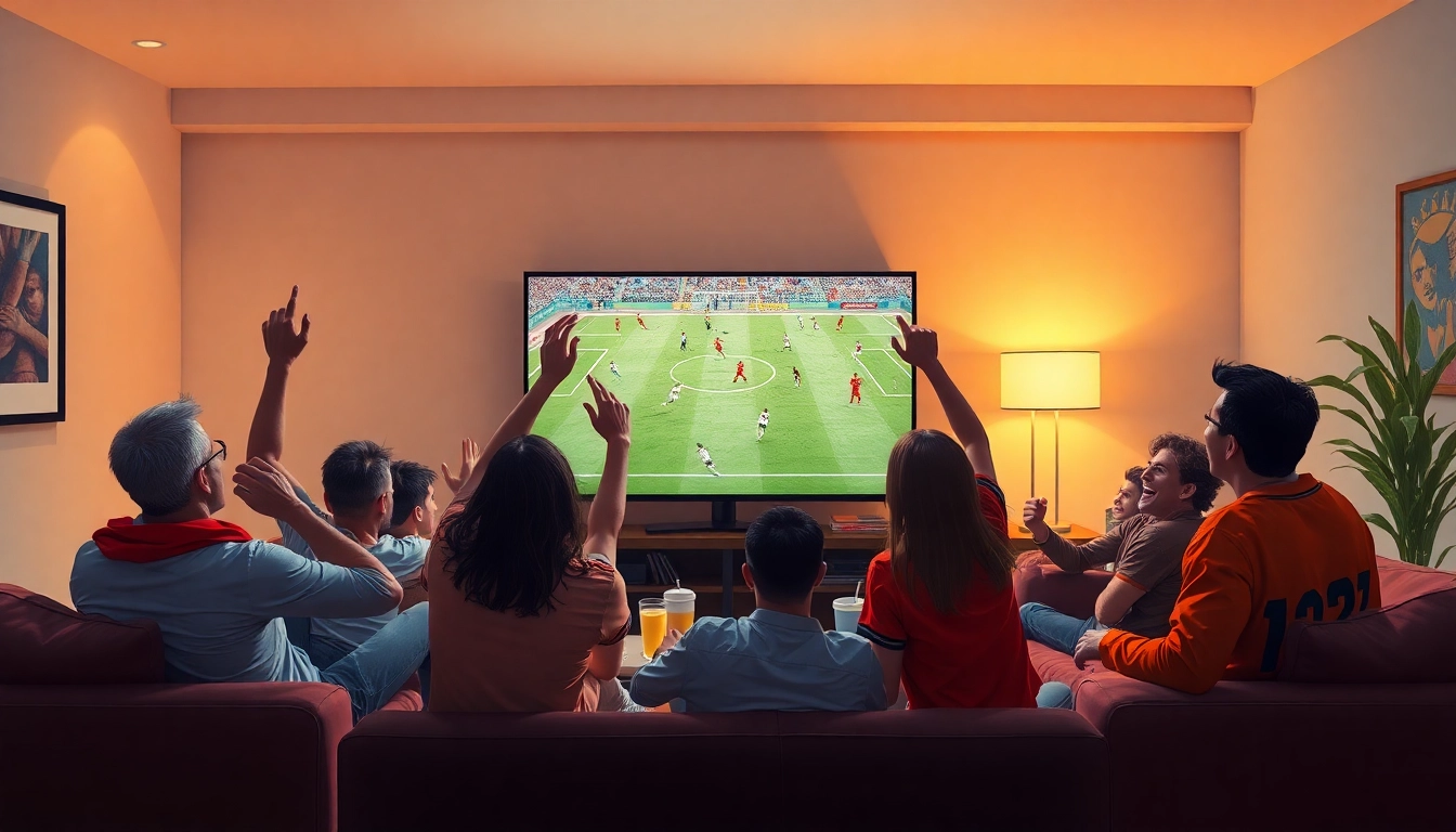 Exciting scene of fans enjoying a live football match in their living room, joemadfan.com atmosphere