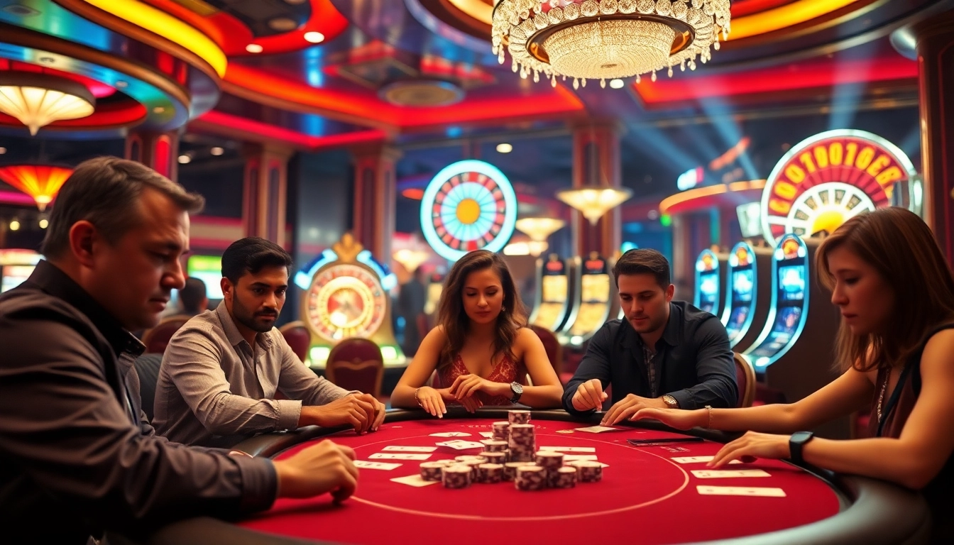 EEJL players strategizing at a luxurious poker table in a vibrant casino setting.