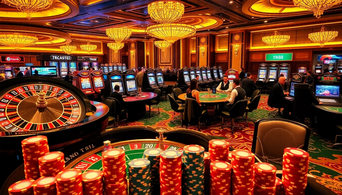 Players enjoying high-stakes games at a casino featuring TR88-themed décor, roulette, and poker.