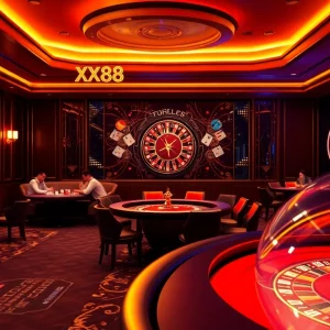 Engaging scene at trang chủ XX88 with players at casino tables and spinning roulette.