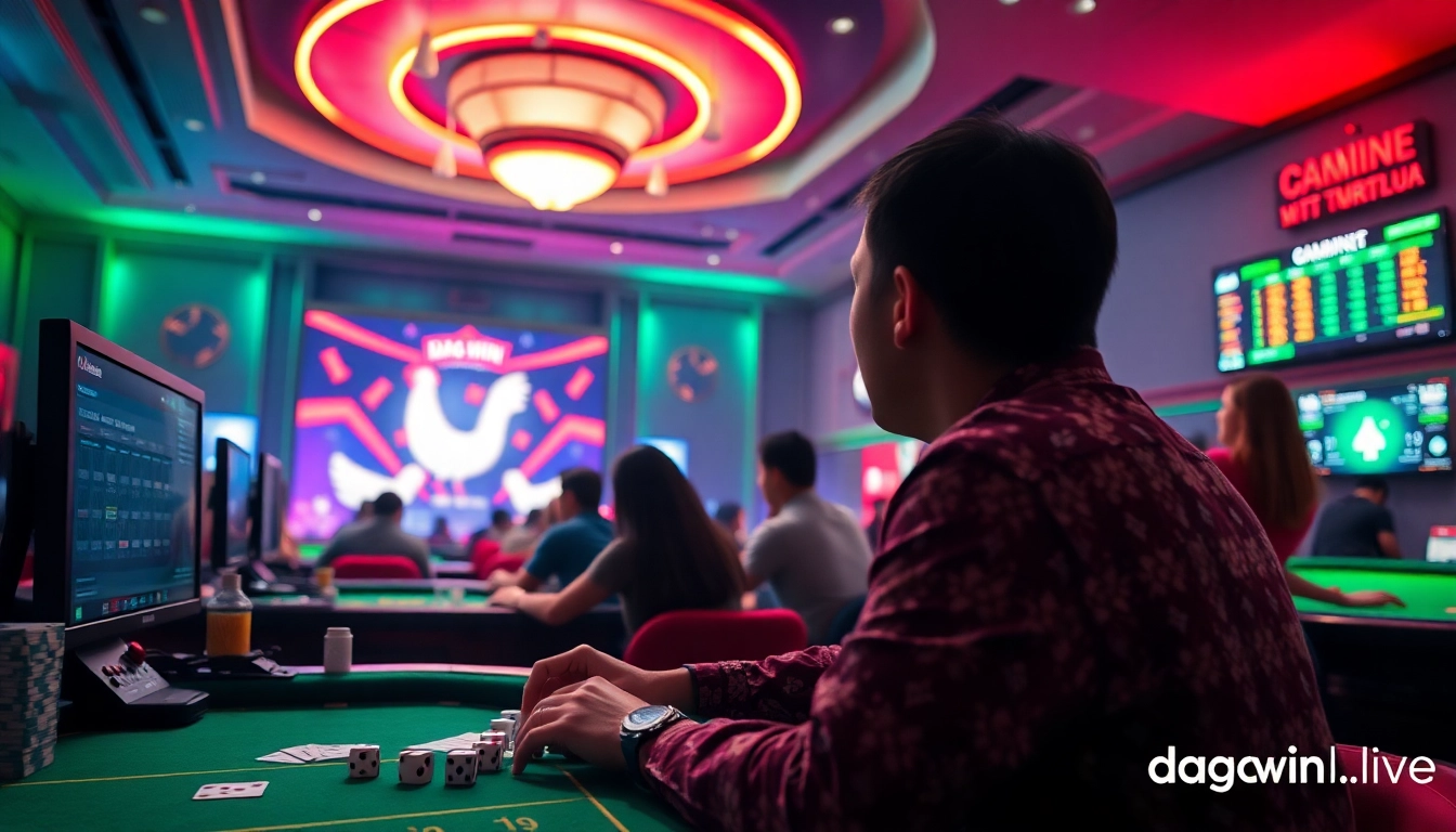 A live casino scene featuring online betting and chicken fights at dagawin.live, showcasing vibrant interactions.