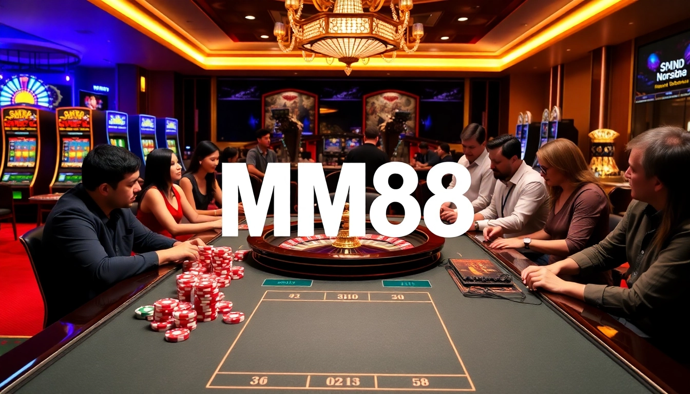 Exciting casino scene featuring MM88 poker chips on a vibrant table surrounded by engaged players.