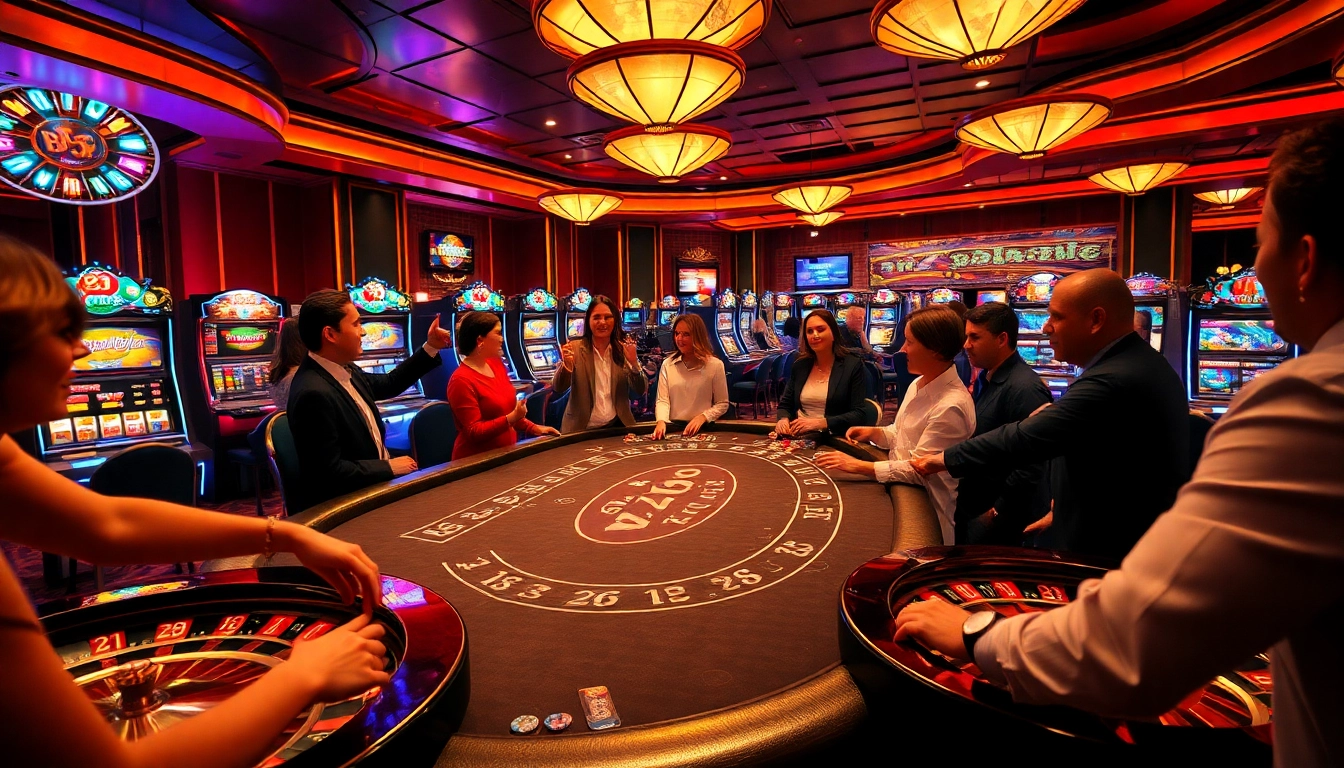 Exciting players strategizing at a b52 club poker table in a vibrant casino environment.