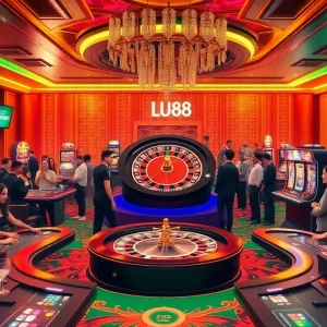 Experience the excitement of gambling at LU88, featuring vibrant slot machines and engaged players in a luxurious casino environment.