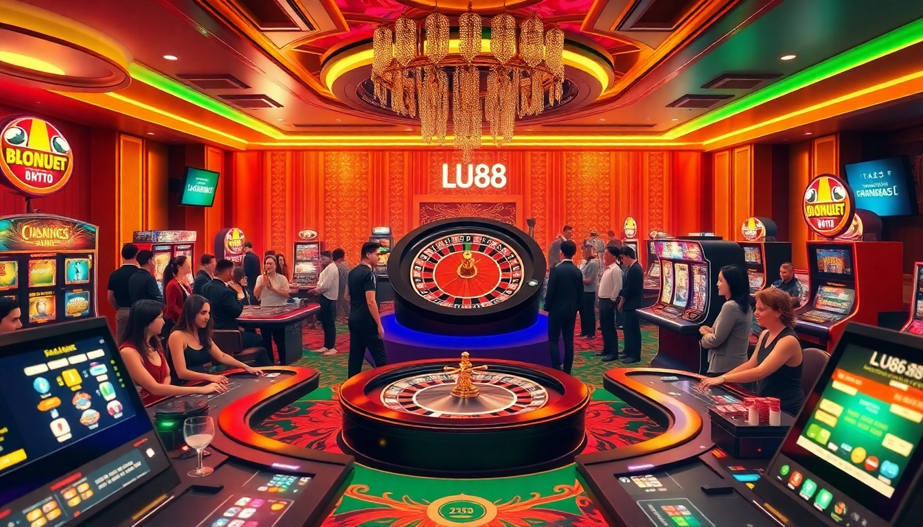Experience the excitement of gambling at LU88, featuring vibrant slot machines and engaged players in a luxurious casino environment.