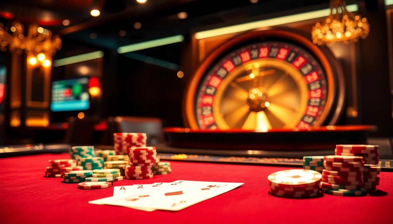 The vibrant casino scene at 789CLUB showcases poker chips and cards in an elegant environment.
