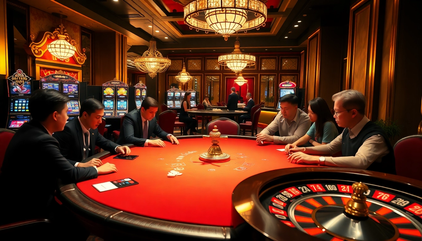 Engaged players at a glamorous poker table in Luckywin888 casino, featuring vibrant slot machines.