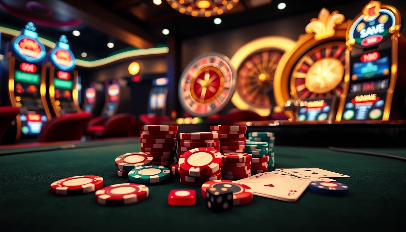 SODO Casino's vibrant poker scene showcasing chips, cards, and a roulette wheel amidst luxurious decor.